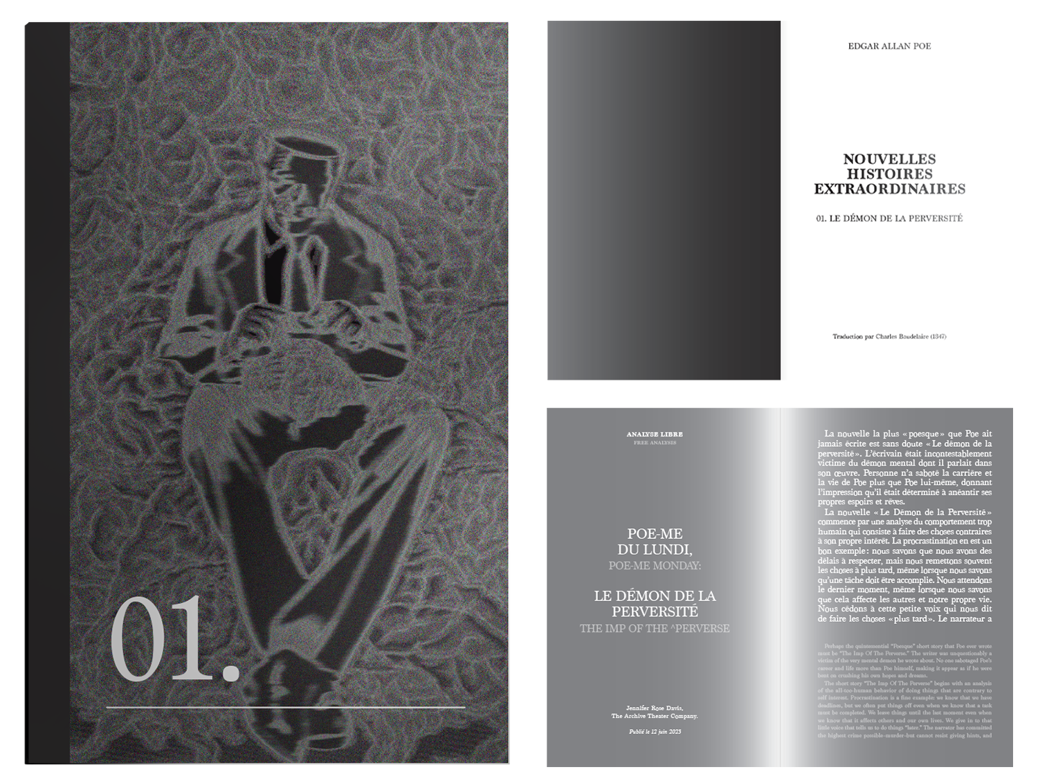 Mockup de l'édition personnelle en 3 partie&nbsp;: 1 image de la couverture d'un livre avec un visuel d'homme flou en noir et blanc, 2 images de la mise en page des livres