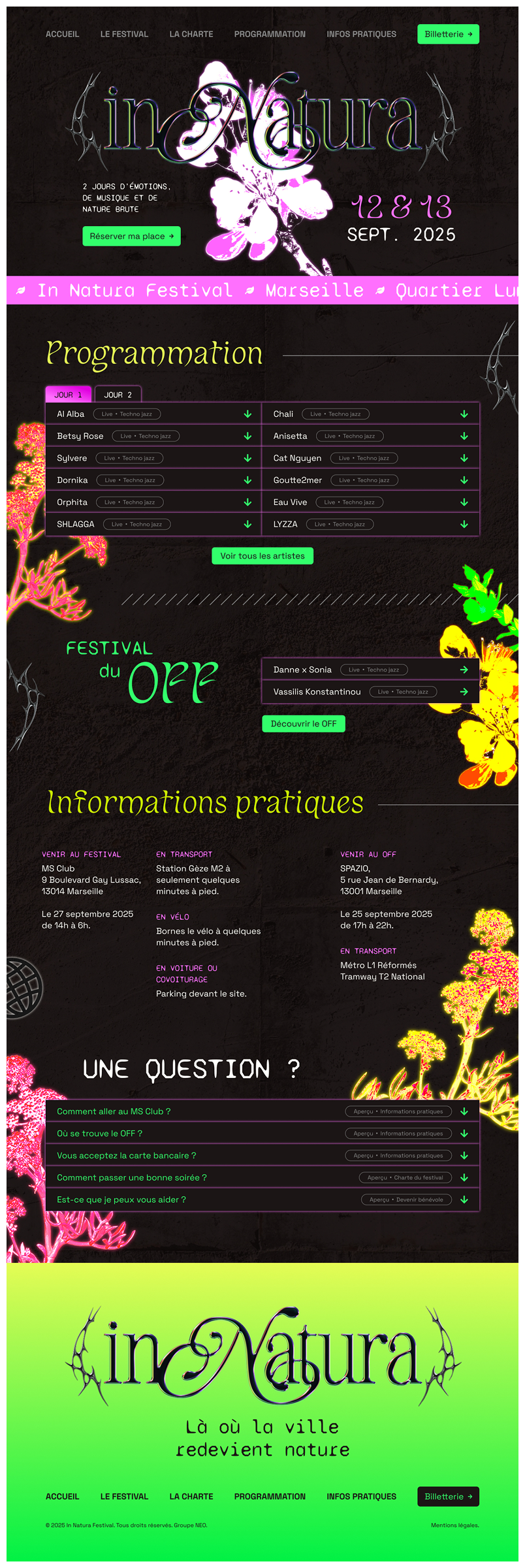 Mockup de la page d'accueil, site internet avec fond noir, couleurs et photographies de fleurs fluorescentes