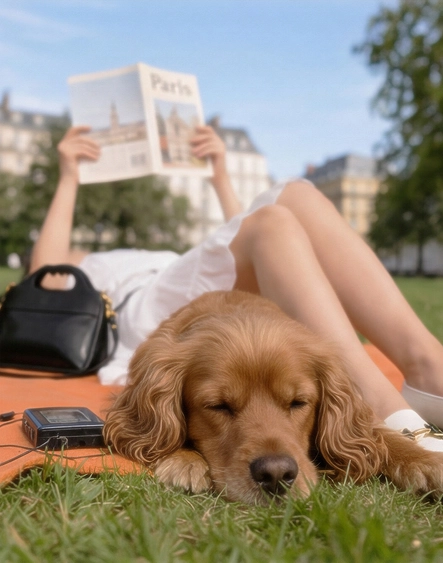 Une femme en robe blanche allongée dans un parc avec son chien et son sac à main en synderme.